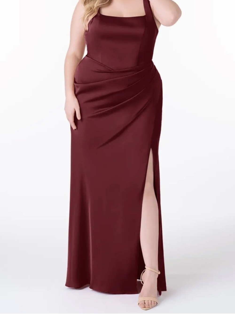 Plus Size Satin Burgundy Evening Skirt with Side Slit